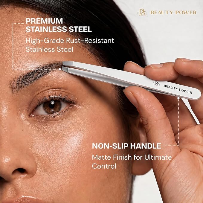 Beauty Power Slant Tip Precision Tweezers - Stainless Steel Eyebrow Tweezers for Women & Men - Precision Tweezers for Facial Hair, Ingrown Hair & Brow Shaping - Professional Beauty Tool (White)