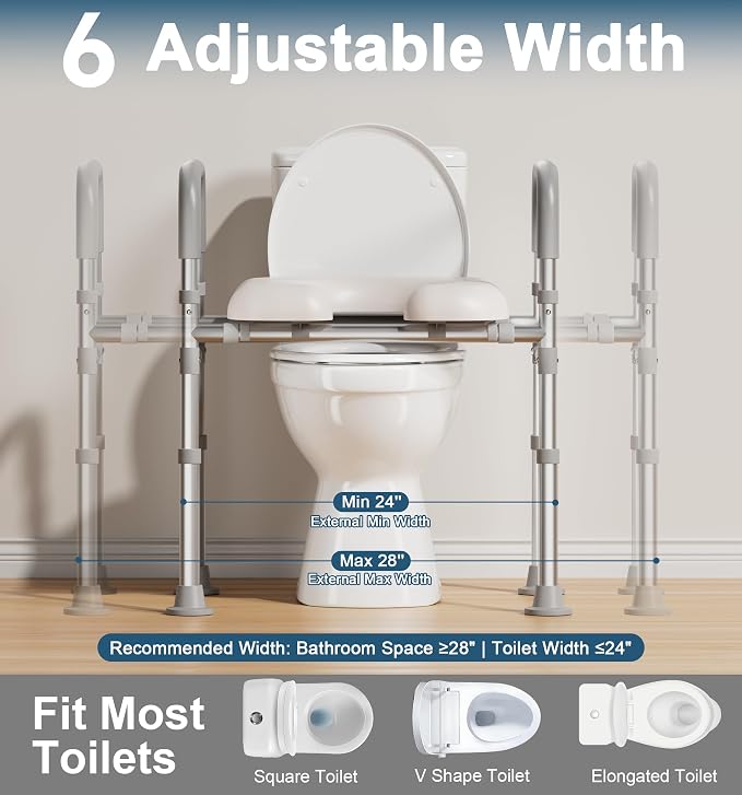 HOMLAND Toilet Seat Risers for Seniors with Handles, Dual-Crossbar, 400lb | Adjustable Height and Width, Padded Seat, Aluminum Reinforced Frame, Raised Handicap Elevated Toilet Seat Fit Any Toilet