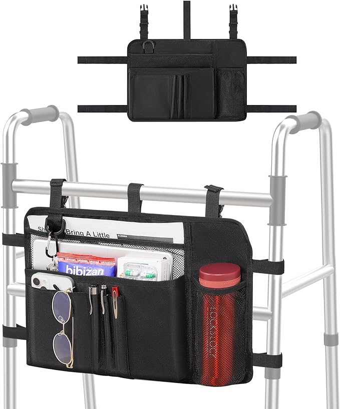 MoKo Walker Bag, Walker Basket with Water Cup Holder, Walker Accessories for Seniors with Multiple Pockets and Zippered Compartment, Walker Storage Pouch for Rolling Folding Walker, Black