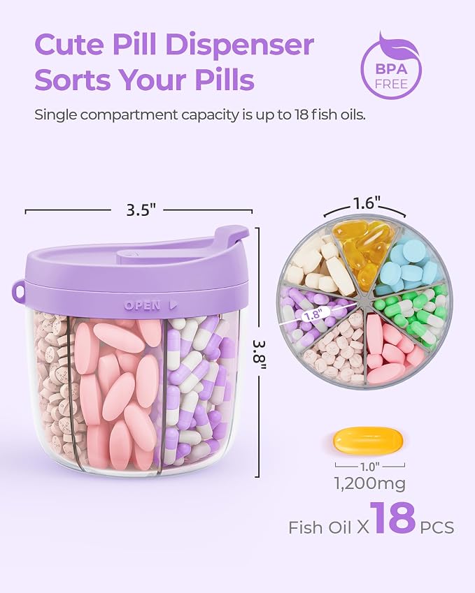 AMOOS Cute Pill Dispenser with 7 Large Compartments, Portable Pill Bottle Organizer with Wide Opening for Easy Use, Anti-Mix Pill Organizer for Travel, BPA-Free Pill Container, Purple