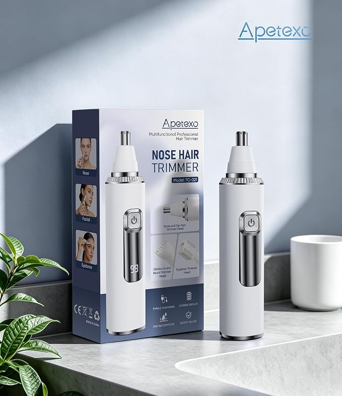 Nose Hair Trimmer for Women, 3-in-1 Painless & Gentle Trimmer for Nose, Eyebrows & Facial Hair, Type-C Rechargeable Precision Groomer with Double-Edged Blades, IPX7 Waterproof - White