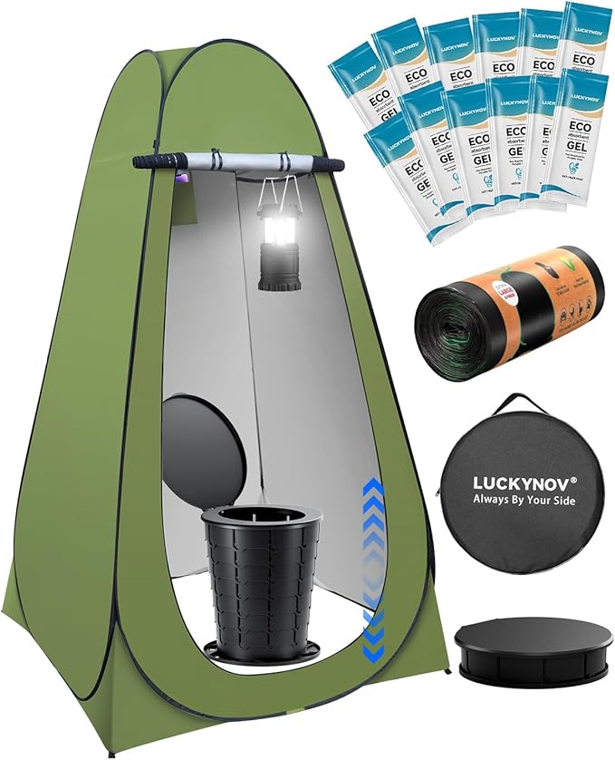 Adjustable Portable Toilet with Privacy Tent for Camping, Car Travel, Hiking, Includes 12 Waste Bags & 12 Urine Solidifiers, Camping Lantern