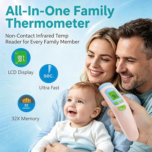 Medical Grade Non-Contact Forehead Thermometer, Pink | With Case, Adults, Kids & Infants, No-Touch, Temporal Fever Thermometer