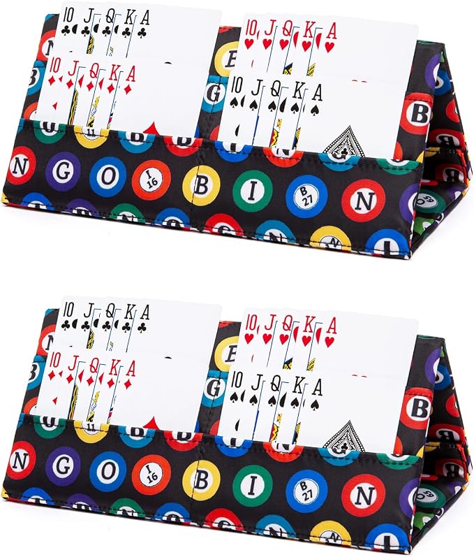 2 Pack Playing Card Holder for Bingo – Portacartas para Bingo, Durable Foldable Card Stand with Colorful Bingo Ball Design, Hands-Free Card Organizer for Seniors, Family Game Night & Travel