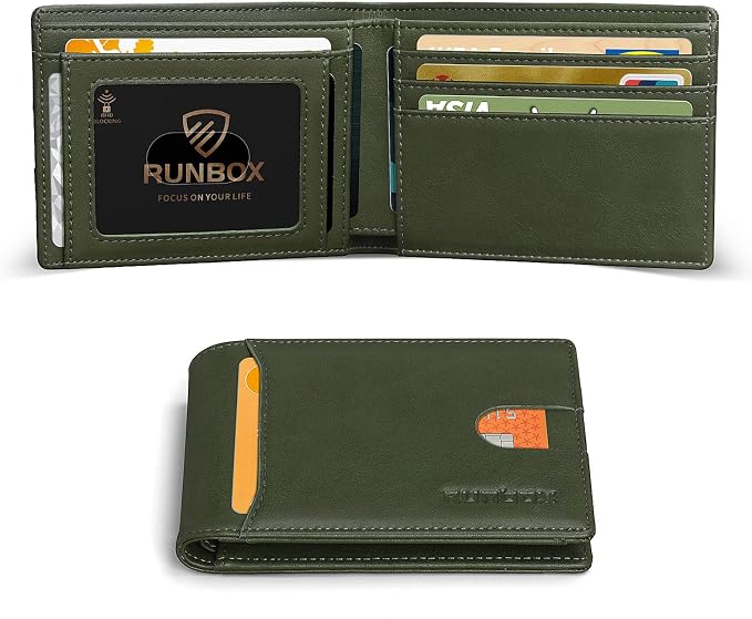 RUNBOX Wallet for Men, Slim Leather Bifold, RFID Blocking Card Holder | Minimalist Front Pocket Design, Credit Card Organizer, Holds 11 Cards, Large Capacity, Thin Profile, Birthday Gifts for Men