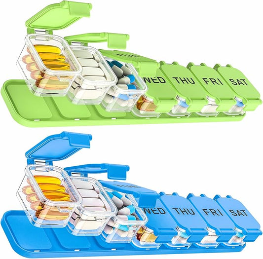 2-Pack Large Waterproof 7-Day Pill Organizer - Extra Large AM/PM Pill Boxes for Vitamins, Fish Oils & Supplements, Portable Daily Medication Dispenser