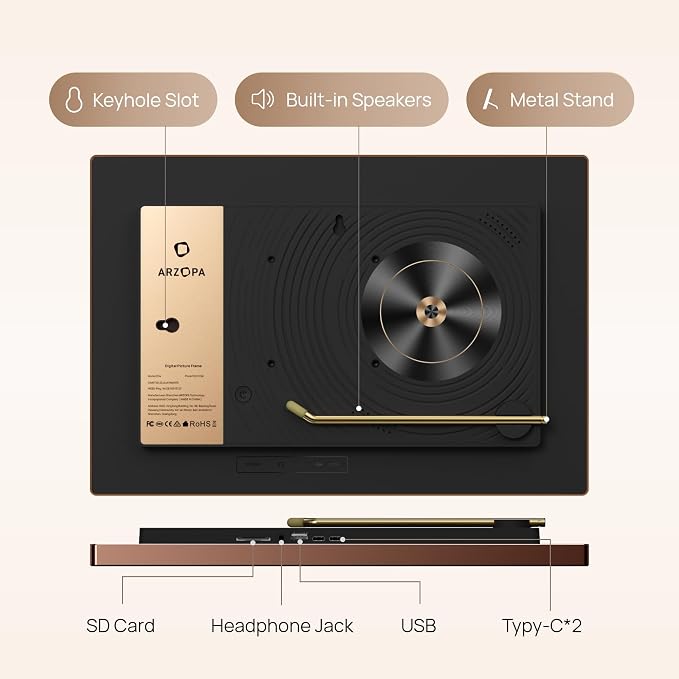 ARZOPA 14" WiFi Digital Picture Frame Free Cloud Storage No Subscription 1920x1200 Touchscreen Metal Frame Load Live Photos Videos from Phone Ideal for Gifting - D14 Mocha Brown
