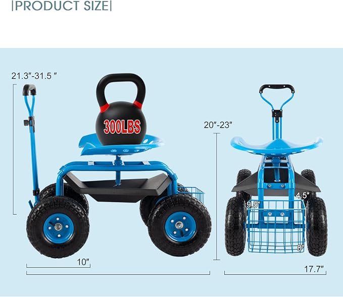 Rolling Garden Cart with Workseat - Heavy Duty Scooter with Handle and Storage Gardening Stool, 360 Degree Swivel Seat for Seniors Garden Cart on Wheel,Blue