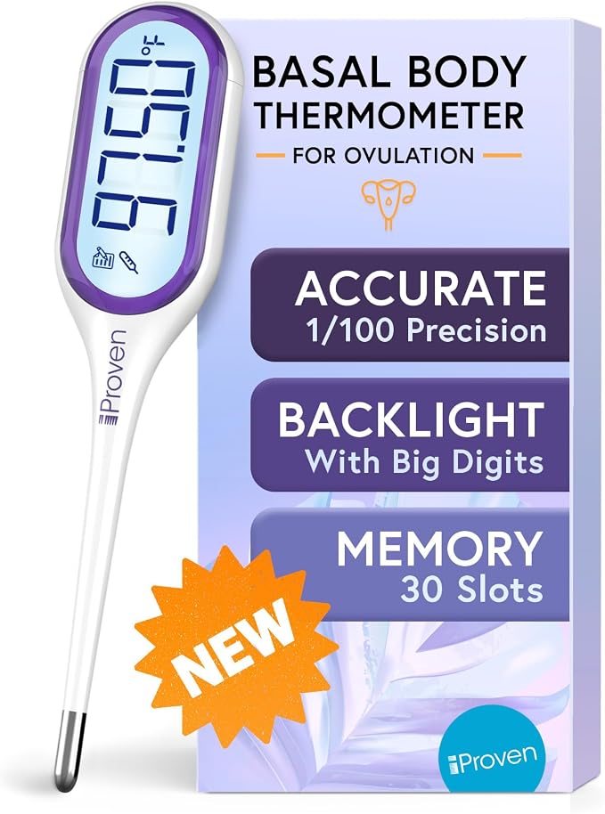 iProven Basal Body Thermometer, Easy to Use with Backlight & Big Digits | 1/100 Degree High Precision, BBT for Ovulation Tracking, 30 Memory Recall, Accurate Fertility Temperature Tracker
