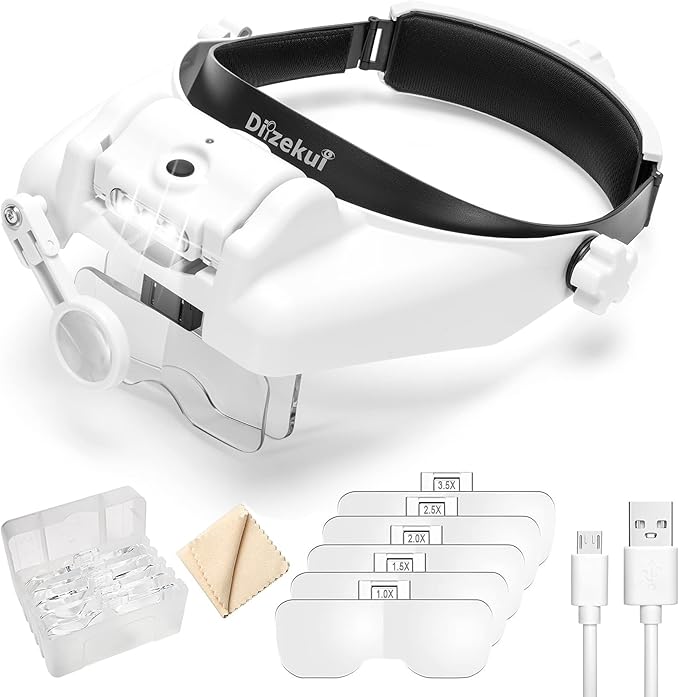 Dilzekui Magnifying Glass with Light 1X-14X, Rechargeable Headset Magnifier | 2 Lens Slots,Detachable Acrylic Magnifying Glasses Lens, Adjustable 2 Lightness, Head Magnifier for Close Work Jewelry Crafts