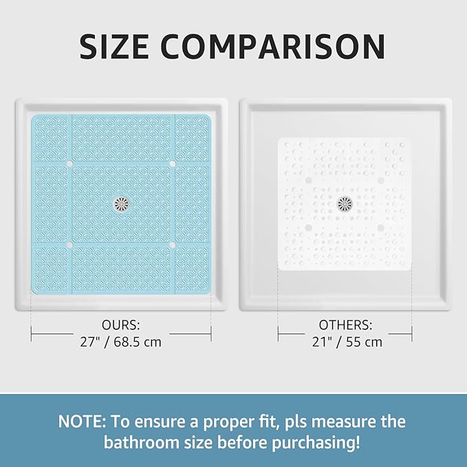 Yolife Square Shower Mat, 27" x 27" Shower Mat with Drain Hole in Middle, Soft TPE Extra Large Non Slip Shower Mats for Inside Shower, Anti Slip Washable Shower Floor Mat with Suction Cups, Blue