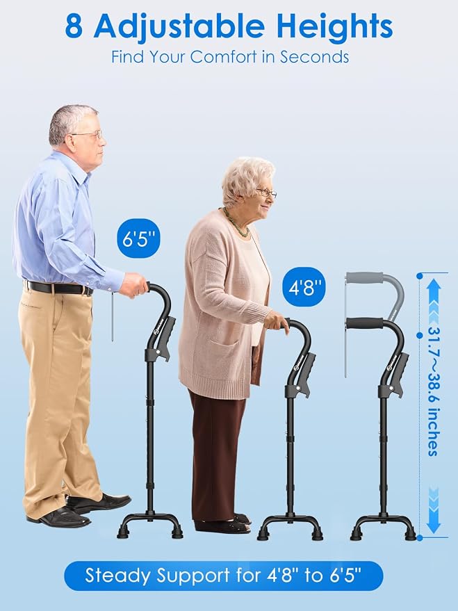 WHLICKS Quad Cane for Stability, Adjustable Walking Cane for Women & Men with A Large 4 Pronged Base for Balance, 350lbs Heavy Duty Cane with 4 Legs & Second Handle, Walking Sticks for Seniors