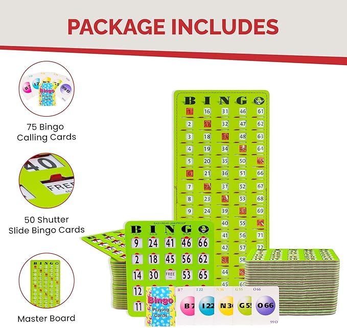 MR CHIPS Complete Bingo Game Set with Jam-Proof Shutter Cards – Easy Read Green Edition – 50 Reusable Large Print Bingo Cards with Sliding Windows, Master Board & Calling Cards – No Chips Needed