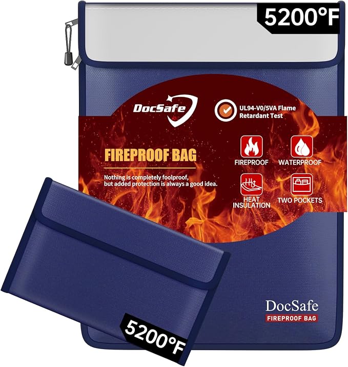 DocSafe Fireproof Document Bag (5200℉) with Fireproof Organizer Travel Case,Heat Insulated Fire＆Water Resistant 8 Layers Safe Money Bag Storage for Important Documents,Cash,Power Bank,Valuables,Blue