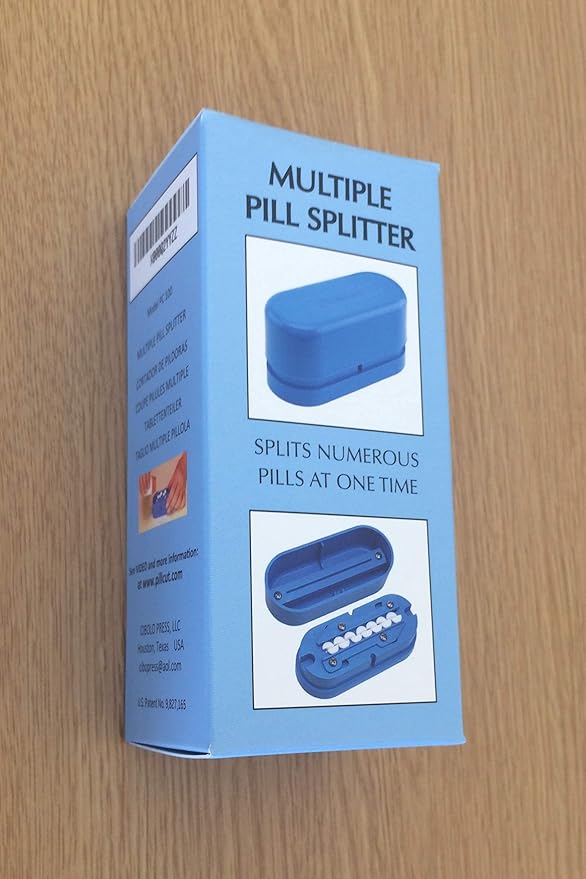 Multiple Pill Splitter. Original Patented Design, with Accurate Pill Alignment, Sturdy Cutting Blade and Blade Guard, for Splitting and Quartering Round or Oblong Pills.US Patent No. 9,827,165.