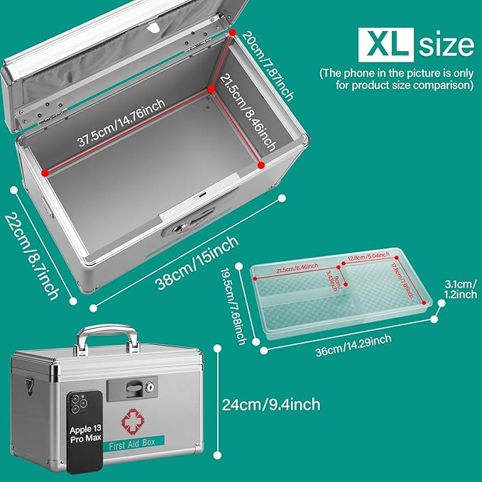 GODLONSEN Medicine Storage Box with Key - 15 x 8.7 x 9.4 Inches -Empty Lock First Aid Box for Drugs & Pill, Medical Organizer Container For Home/Outdoor (Silver/X-Large)