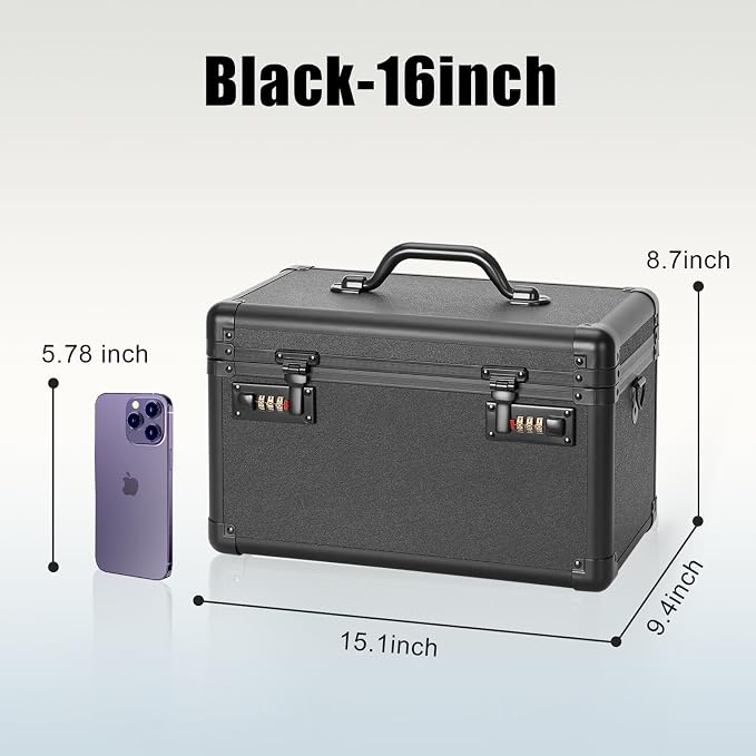 Extra Large Lock Box with Combination Lock – Portable Lockable Storage Box for Medicine, Cash & Personal Items, Childproof Security Case for Home Dorm Office, 15.1x9.4x8.7 Inch, Black