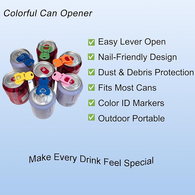 Soda Can Opener Set, 10PCS Easy Tab Opener and Drink Protector with Reusable Complete-Cover Plastic Can Toppers, Fits Coke, Beer & Aluminum Beverage Cans, 5 Colors Lids for Party, BBQ, Camping