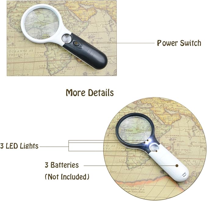Magnifier 3 LED Light Handheld 3X 45X Glass Magnifier for Reading Jewelry | Portable, with bright white bulbs,for seniors, hobbyists, and repair workers, lightweight non-slip grip, daily tasks