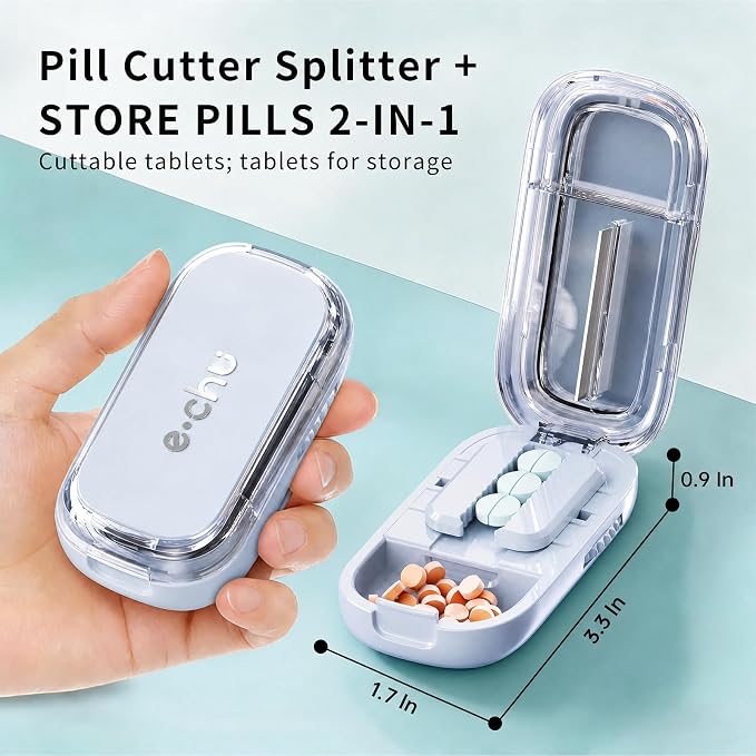 Pill Cutter Splitter for Small and Tiny Pills - Adjustable Pill Splitter with Centering Device for Cutting Multiple Pills, Accurate Alignment and Easy to Use, Storage Organizer (Blue)
