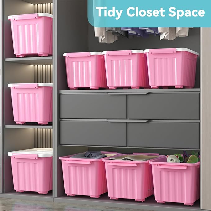 Nazhura Plastic Storage Bin, Stackable and Nestable Storage Boxes with White Lids and Secure Latching Buckles, Large Storage Container (Pink/White, 72Quart-6Pack)
