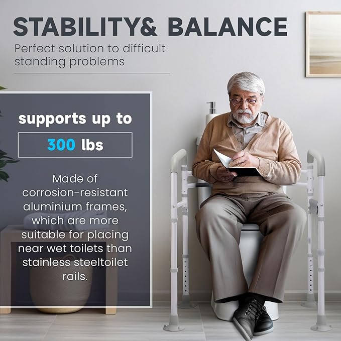 Toilet Safety Rails-Adjustable Toilet Safety Frame, FoldableTtoilet Support Rails with Handles, Heavy Duty Toilet Handles for Elderly, Seniors, Handicap & Disabled-Fits Most Toilets