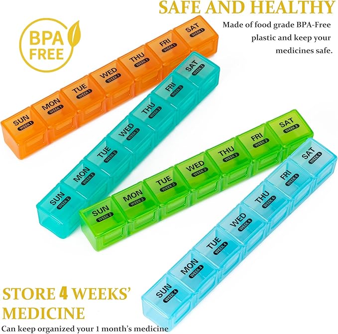 Monthly Pill Organizer, 28 Day Pill Box 1 Time a Day with Dust-Proof Case, Large 4 Weeks a Month Pill Case Container, Daily Vitamin Case Box for Pills/Medicine/Fish Oil/Supplements（Colorful）