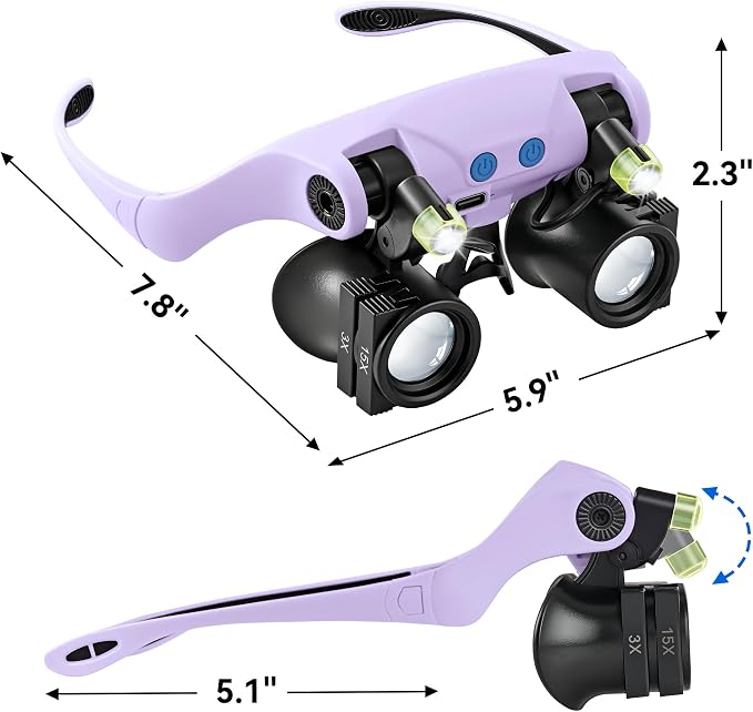 JARLINK Magnifying Glasses with LED Light, Hands Free Magnifier with 14 Interchangeable Lenses 3X 4X 5X 6X 7X 10X 15X, Magnifying Glasses for Close Work, Crafts, Jewelry, Electronics Repair (Purple)