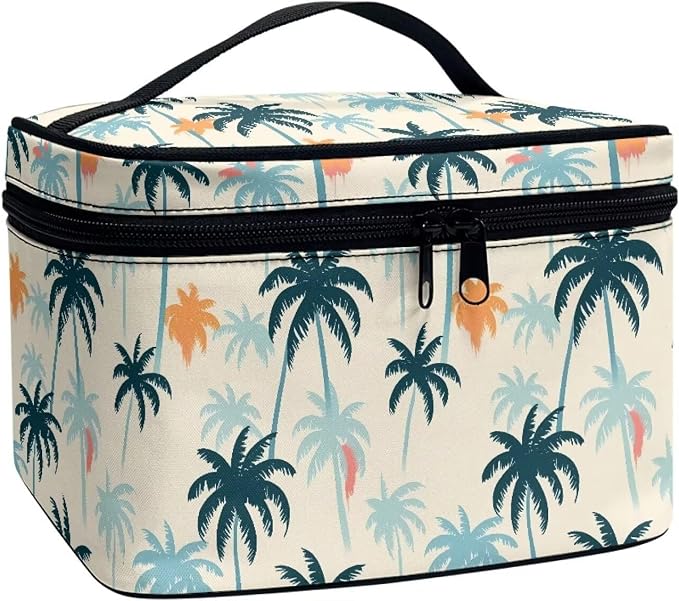 Palm Tree Pattern Travel Toiletry Bag Cosmetic Bag, Painting Colorful Island Palm Printed Zipper Makeup Pouch Organizer for Toiletries Essentials Accessories