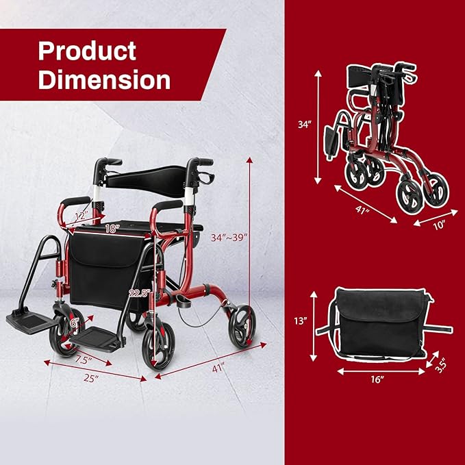 Goplus 2 in 1 Rollator Walker for Seniors, Medical Walker with Seat, Folding Transport Wheelchair Rollator with 8" Wheels, Reversible Backrest, Footrests, Aluminum Mobility Walking Aid