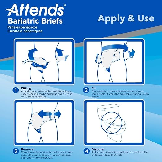 Attends Bariatric Disposable Briefs, 4X-Large, up to 106” Waist with Tab Closures, Ultimate Absorbency and Leakage Protection, 32ct Case