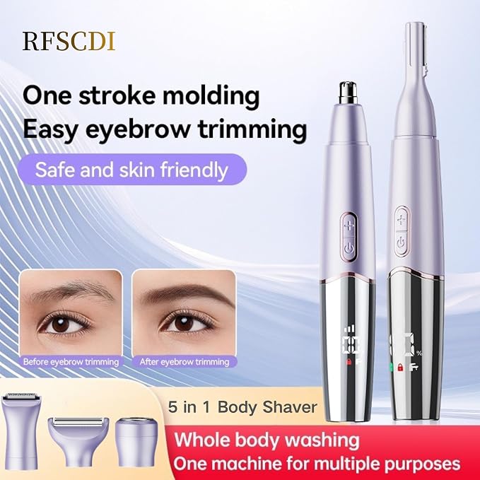 5-in-1 Rechargeable Nose & Eyebrows Hair Trimmer - IPX7 Waterproof Dual Edge Grooming Kit for Men & Women, Perfect for Hair Removal of Nose, Facial, Arm, Bikini, and Ear Hair (Purple)
