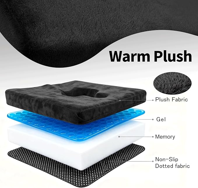 Gel Wheelchair Seat Cushion,Bed Sore Cushions for Butt, Sciatica,Coccyx,Pressure Sore Cushion for Office Chairs&Car,Ulcer Pain Relief Butt Pillow,Removable&Washable Cover (Plush-Fabric Black)