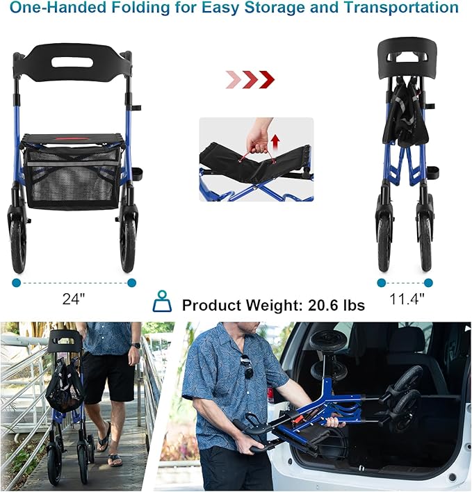 Rollator Walker with Seat, Tall Walkers for Seniors, 12" Big Rubber Wheels All Terrain Rollator Walker with Backrest, Built-in Cable, Foldable and Dual Adjustable Height for 5.3-7ft, Blue