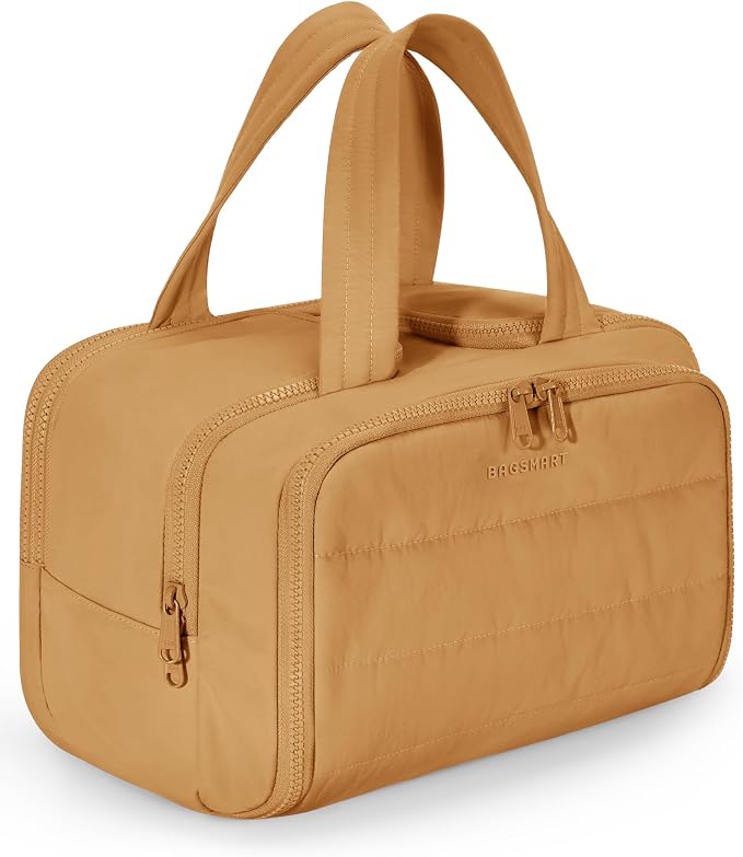 BAGSMART Travel Toiletry Bag, Crush Toiletry Bag for Women, Wide-open Puffy Toiletry Bags for Traveling, Large Travel Cosmetic Makeup Bag Organizer for Accessories,Toiletrie (Brownstone Yellow)