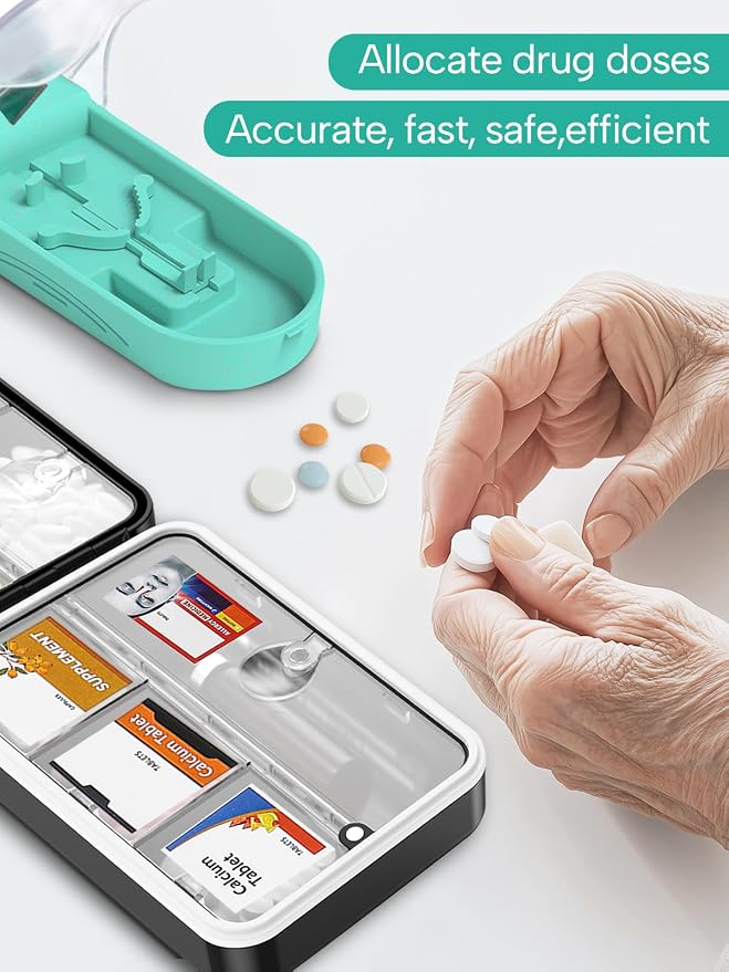 Pill Cutter with Medicine Labels Stickers, Easy to Carry and Use Pill Splitter, Splitter Provides Drug Prompts, Assist Family Members in Using Drugs Quickly and Safely (Blue Green)