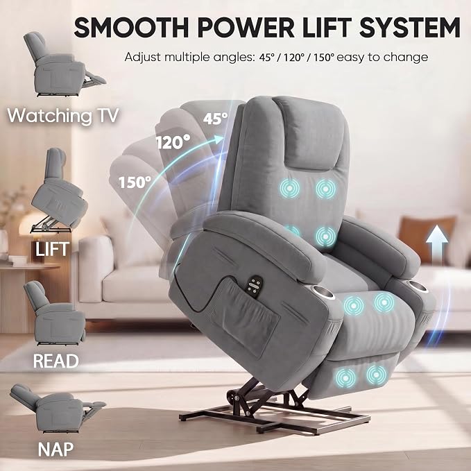 Flamaker Power Lift Chair Massage Recliner Chairs for Elderly | Ergonomic Lift Recliner Design with Cup Holders & Side Pockets, Remote Control (Gray)