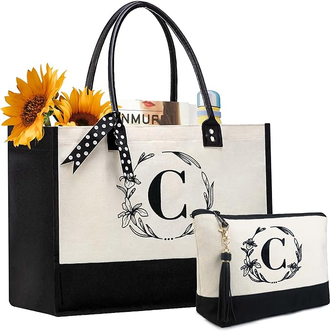 BeeGreen Personalized-Christmas-Gifts-Tote-Bag -Large Canvas Tote Bag for Women Friend Mother, Birthday Gifts with Embroidery Initial Monogram Letter C