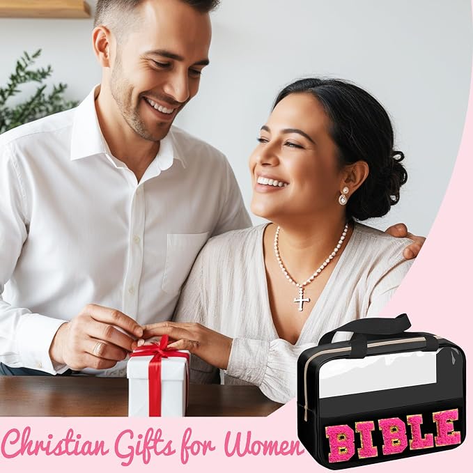 Chenille Pink Letter Bible Bag for Study Supplies Bible Cover Case for Women Girl, Church Bag for Bible Accessories with Handle and Zipper, Christian Gifts