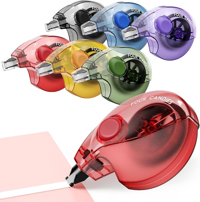 Four Candies Silent Correction Tape, White Correction Tape 6 Pack, 26.2ft | Ergonomic Easy-to-Use Applicator,Fast Clean Instant Corrections, Smooth High-Opacity Tear-Resistant Office & School Supplies