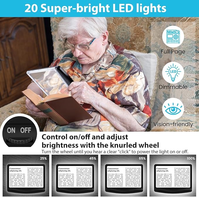 Rechargeable 5X Magnifying Glass for Reading, Large Bright Full Page Magnifier with Light, Handheld LED Dimmable Lighted, Lightweight Book Magnifier for Reading Small Prints Seniors Low Vision