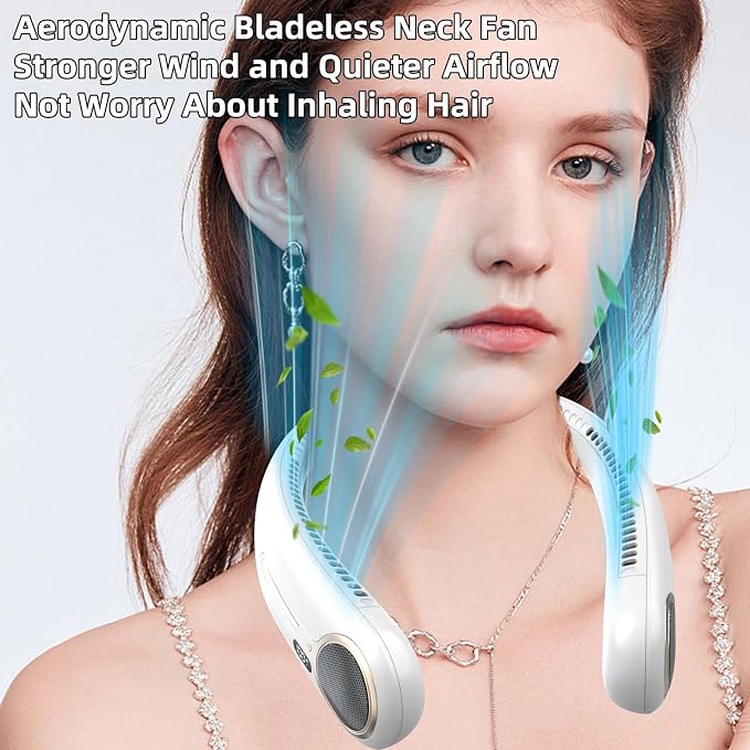 Portable Neck Fan, Personal Wearable Bladeless Fan, 6000mAh USB Rechargeable, 360° Airflow, LED Display, 4-Speeds, Hands Free Fan for Outdoor Indoor, Birthday Gifts for Men Women Dad Mom (White)