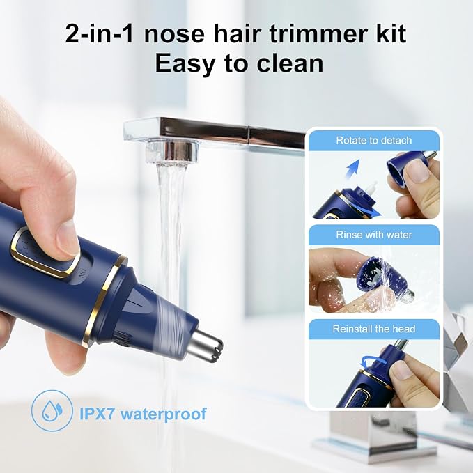 XOOMRSCP Nose Hair Trimmers for Men，Rechargeable Hair Trimmer 2 in 1 Painless Multifunctional Ear and Nose Hair Trimmer with IPX7 Waterproof Dual Edge Blades (Blue)