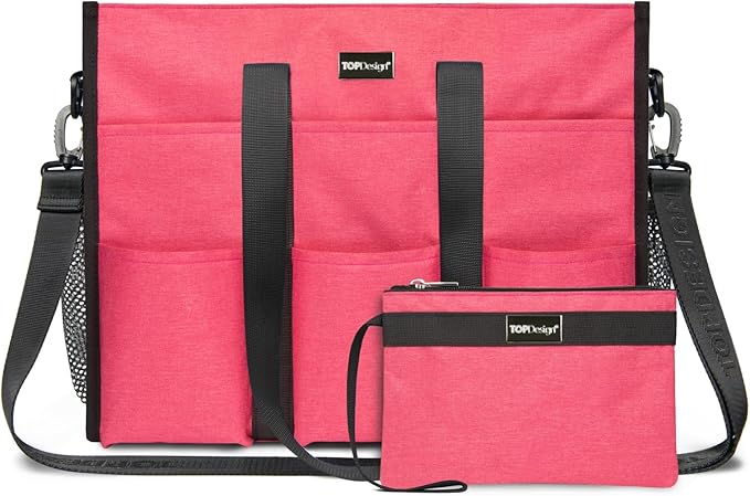TOPDesign Utility Water Resistant Tote Bag with 22 Pockets, Top Zipper Closure & Thick Bottom Support, for Working Women