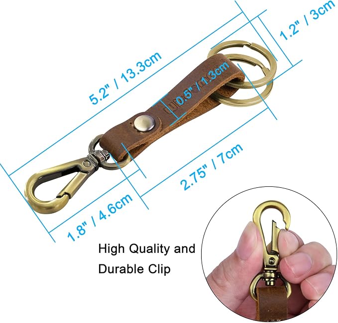 Wisdompro 2 Pcs Genuine Leather Belt Loop Keychain for Men and Women | Heavy Duty Key Chain Holder with Retro Vintage Bronze Belt Loop Clip and 2 Keyrings for Keys, Car Fob