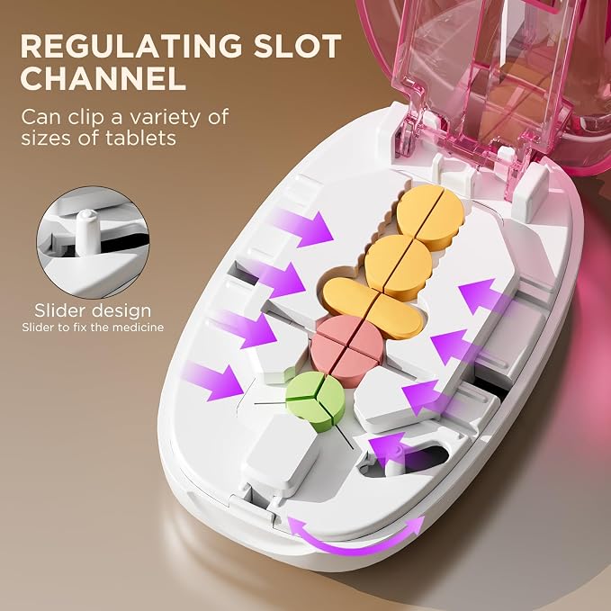 Pill Cutter Splitter for Small and Tiny Pills, 1/2 1/4 Pill Splitter for Small Pills,Tablets in Half or Quarters, Accurate and Easy Cutting, Stainless Steel Blade, Back Storage (Pink)