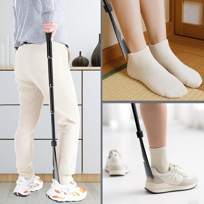 Shoe Horn Long Handle, 16.9"-37.4" Telescopic and Detachable Shoe Horn with Pants Hook and Sock Assist, Adjustable Long Handle for Seniors, Men and Women