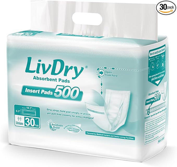 LivDry Incontinence Pads for Women and Men, Long Length Insert, Extra Absorbency with Odor Control (30 Count)