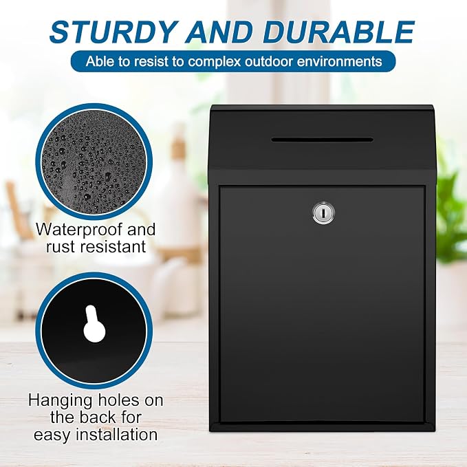 Yaocom Metal Money Box,Black,11.81 x 8.58 x 4.72 Inch,No Lid | Wall Mounted Drop Donation Cash Box for Farm Stand Collection Safe Suggestion Box with Lock Container for Home Office Outdoor