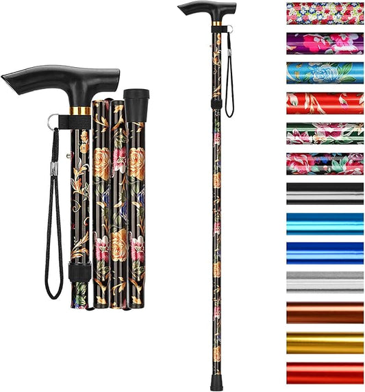 supregear Folding Cane, 5-Level Adjustable Height Walking Stick Lightweight Collapsible Portable Travel Cane with Wrist Strap and T Handle for Elderly Disabled Men Women